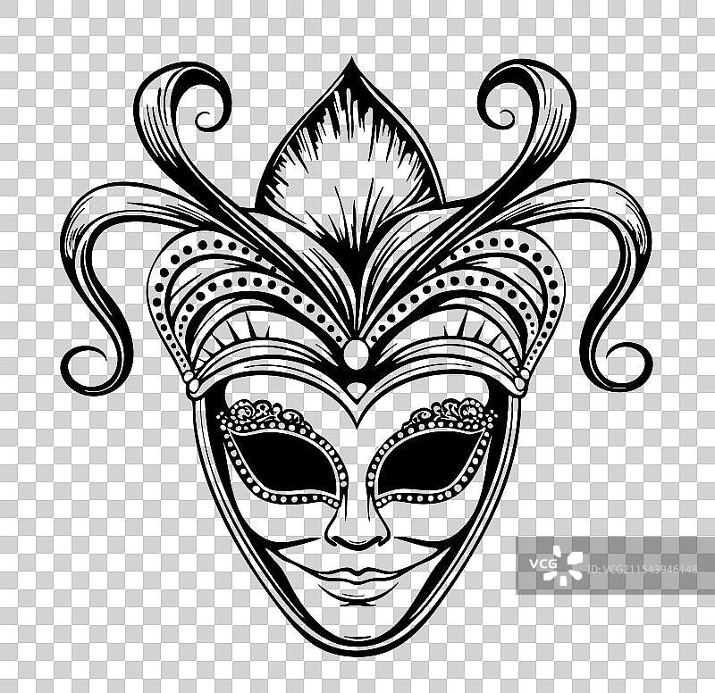 手绘雕刻风格的狂欢节面具素描图片素材