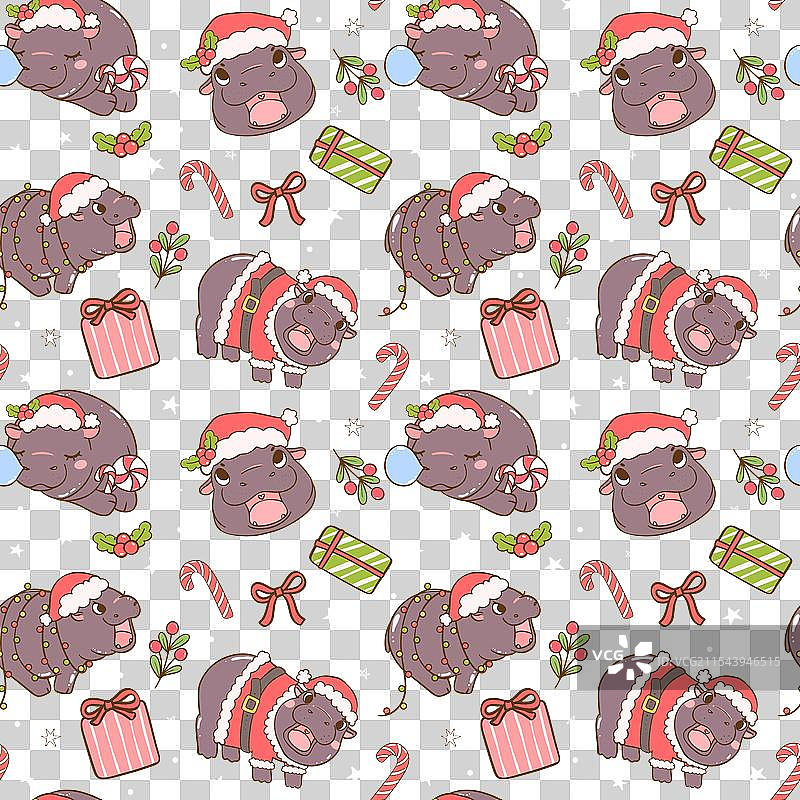 节日气氛的圣诞小河马无缝图案图片素材