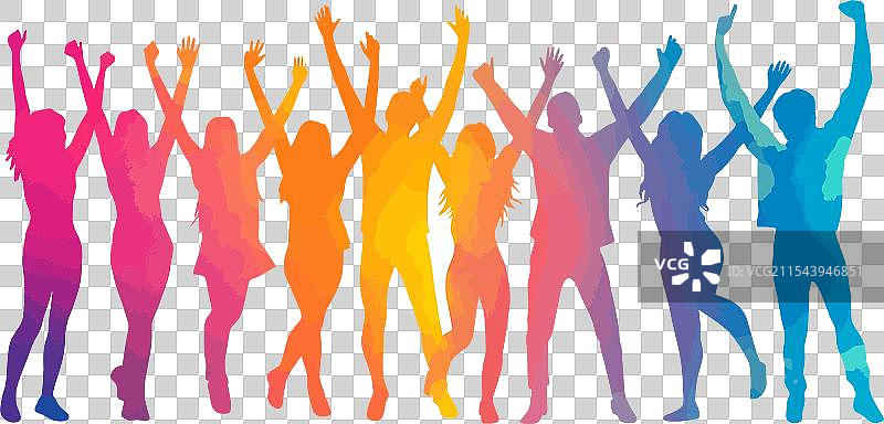 充满活力的团体剪影庆祝动态姿势图片素材