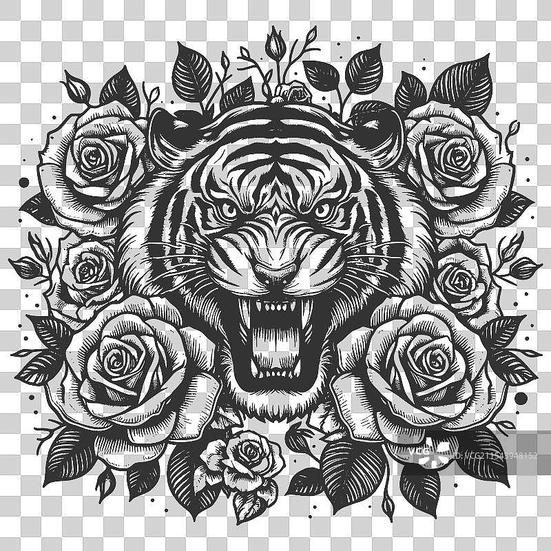 带有玫瑰的凶猛老虎纹身图片素材
