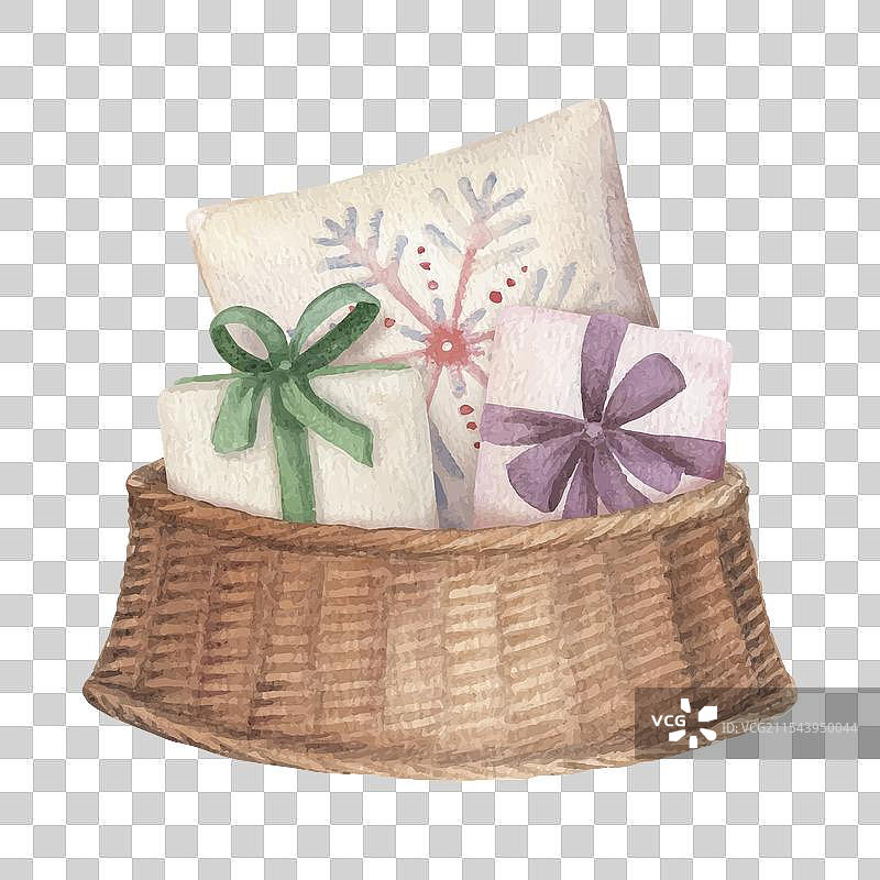 乡村风格的藤编篮子装满圣诞礼物图片素材