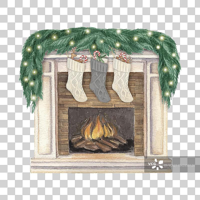 装饰有花环和袜子的壁炉图片素材