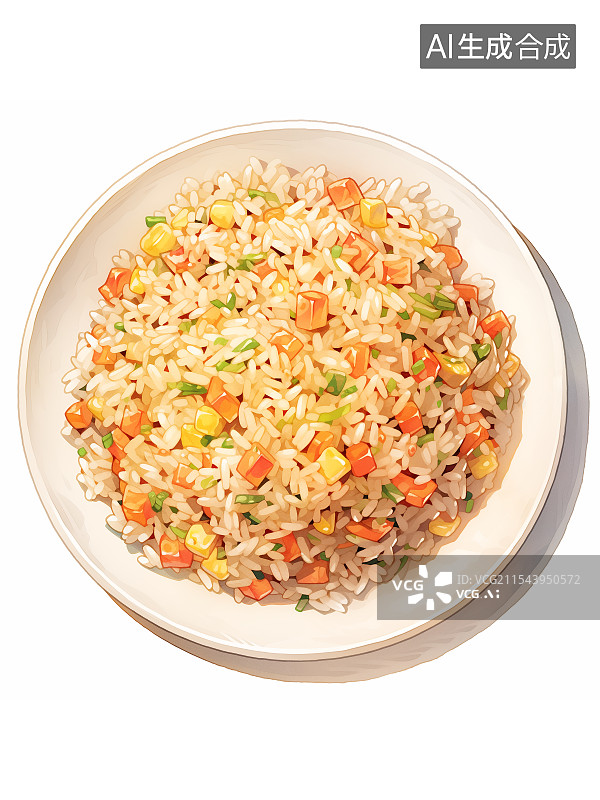 【AI数字艺术】一盘特色时蔬黄金鸡蛋炒饭 长米粒早餐午饭晚饭主食 团圆饭年夜饭聚餐插画设计素材元素图片素材