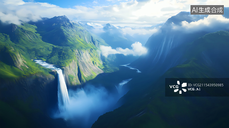 【AI数字艺术】航拍山谷间的瀑布图片素材
