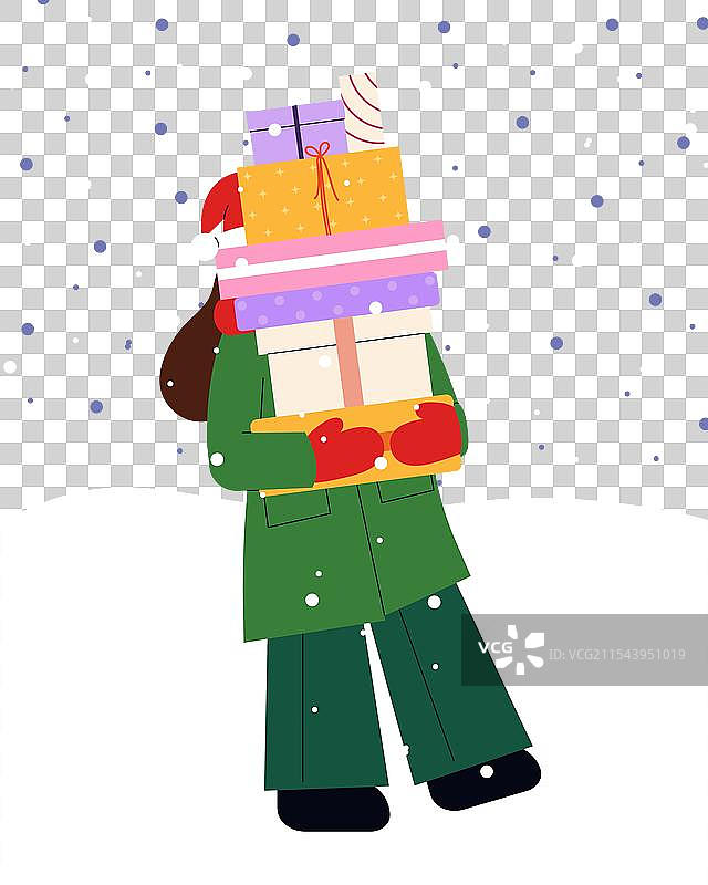 穿着绿色夹克的节日女孩正在搬运礼物图片素材