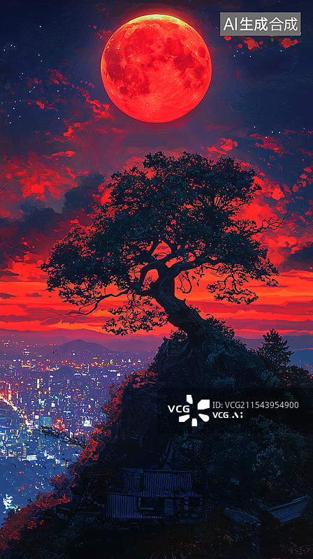 【AI数字艺术】红月下的孤树图片素材