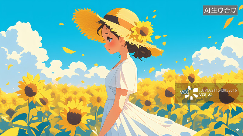 【AI数字艺术】一名身穿连衣裙和遮阳帽的女性站在一片向日葵的花海中图片素材