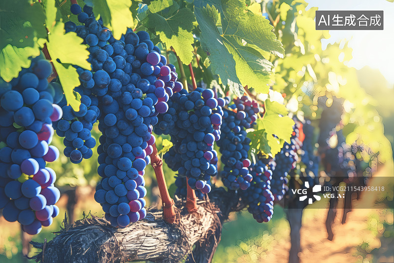 【AI数字艺术】清晨阳光照射在葡萄园的葡萄树上图片素材