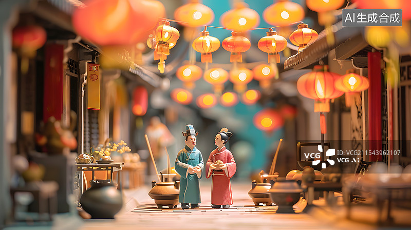 【AI数字艺术】微缩移轴摄影中国古风春节古镇场景图片素材