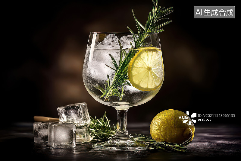 【AI数字艺术】金酒配柠檬和迷迭香图片素材