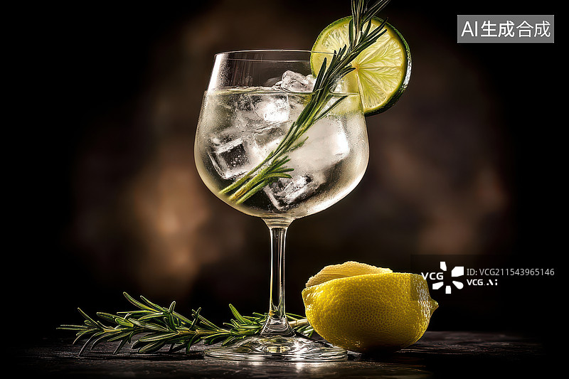【AI数字艺术】金酒配柠檬和迷迭香图片素材