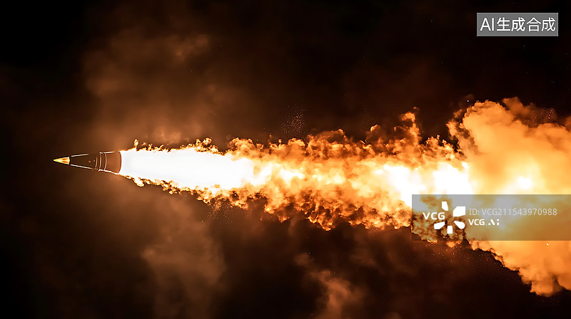 【AI数字艺术】夜间发射序列中航天器引擎喷气器点火的特写视图，展示了先进的火箭推进技术、动态模糊效果和空间探索中的强图片素材