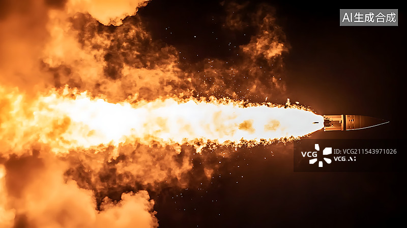 【AI数字艺术】夜间发射序列中航天器引擎喷气器点火的特写视图，展示了先进的火箭推进技术、动态模糊效果和空间探索中的强图片素材