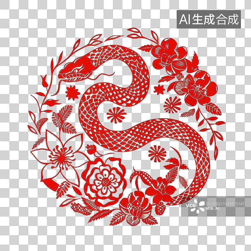 【AI数字艺术】十二生肖蛇元素 新年春节剪纸窗花图片素材