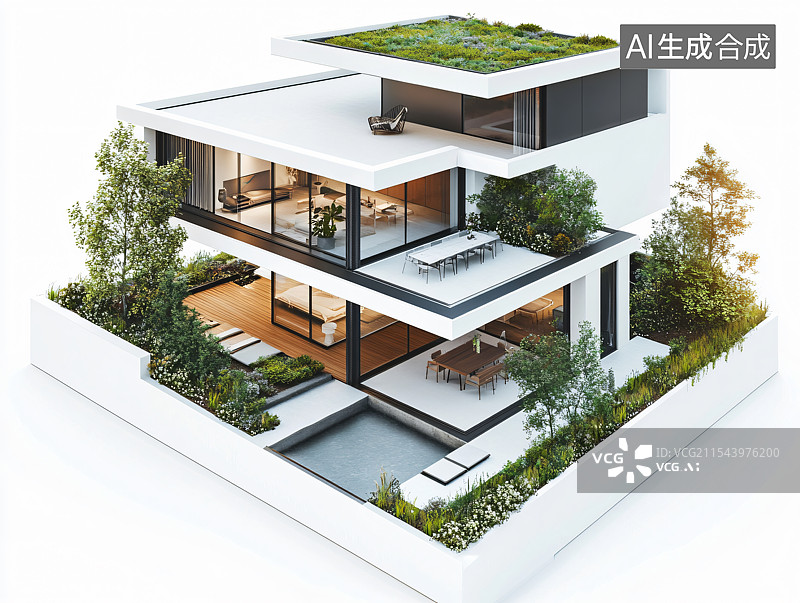 【AI数字艺术】白色背景上的3D微缩别墅模型，展示精美设计细节与室内装修。完美体现建筑理念、户型布局与优雅居住空间。图片素材