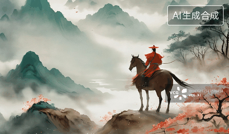 【AI数字艺术】骑马观山图片素材