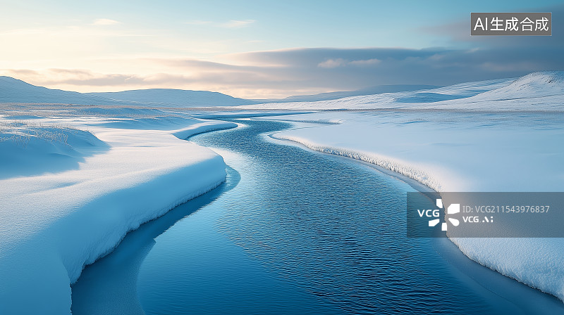 【AI数字艺术】冬季的白雪皑皑河流自然风光图片素材
