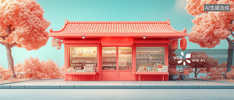 【AI数字艺术】中式卡通风格店铺，门前货架陈列商品，周围环绕粉色树木，悬挂灯笼图片素材