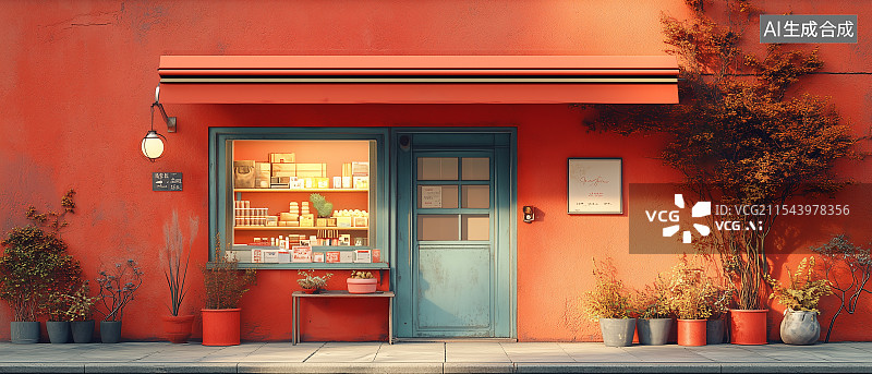 【AI数字艺术】外观温馨的店铺，门前摆放花卉，门窗内货架陈列商品，整体氛围宁静文艺图片素材