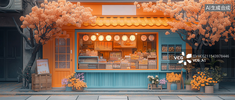 【AI数字艺术】色彩明快的写实风格店铺，门前摆放花卉，货架陈列商品于门窗后，营造温馨舒适氛围图片素材