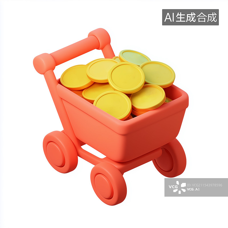 【AI数字艺术】橙色卡通购物车装满金色硬币图片素材
