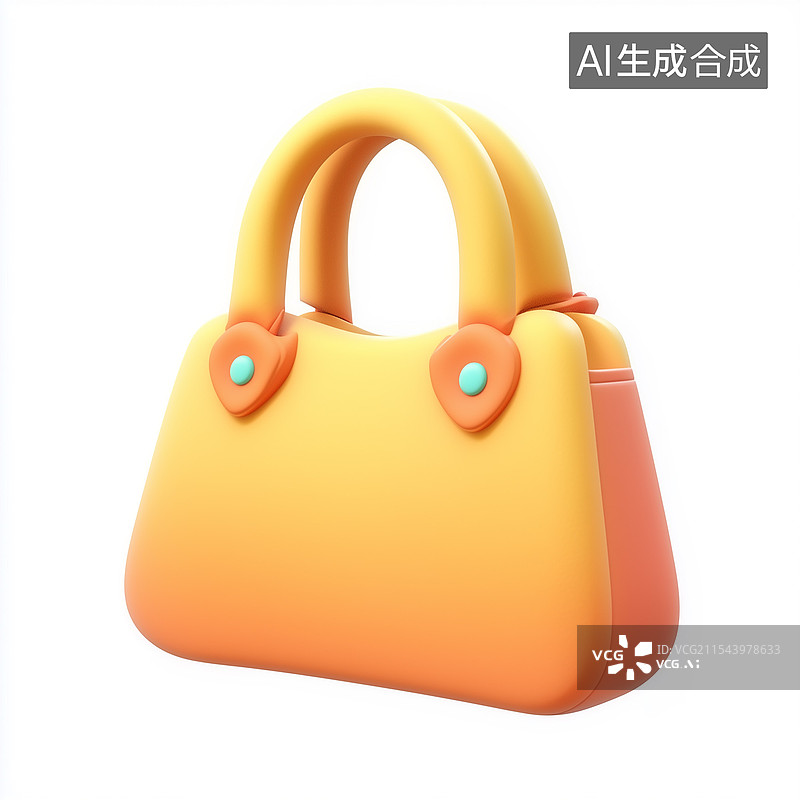 【AI数字艺术】橙黄配色的卡通手提包，配有圆形把手和锁扣，造型圆润小巧图片素材