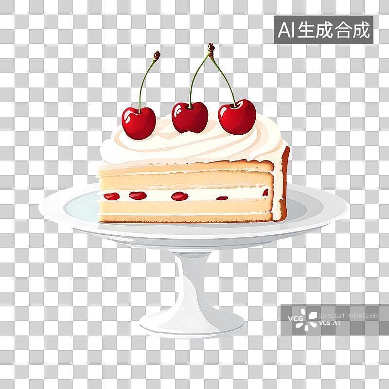 【AI数字艺术】手绘插画，盘子里的樱桃蛋糕，甜点美食下午茶免抠元素图片素材