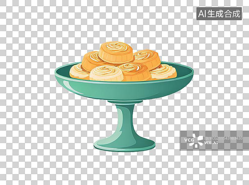 【AI数字艺术】国风手绘插画，盘子里的中式传统点心，馅饼，凤梨酥，月饼，下午茶甜点小吃免抠元素图片素材