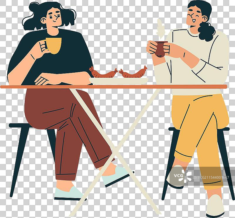 女人角色坐在桌子旁，放松地享用香肠图片素材