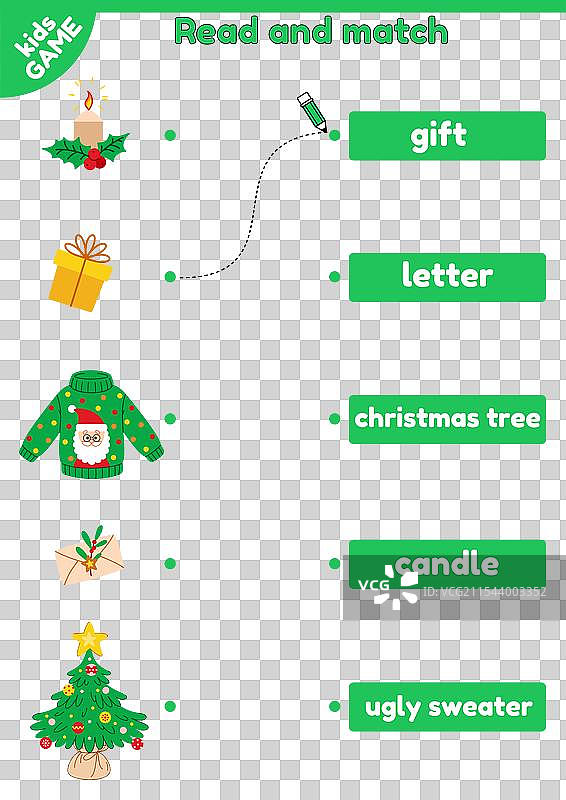 圣诞节儿童游戏：匹配英语单词和物品图片素材