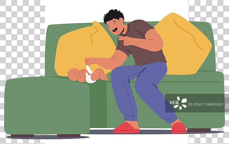 年轻父亲开心地给新生儿换尿布图片素材