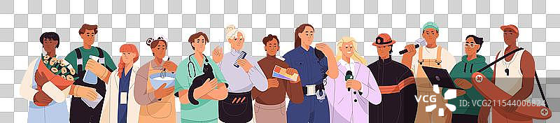 不同职业的多元化人群排成一排图片素材