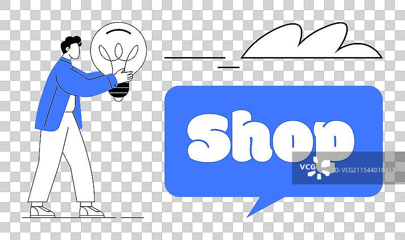 手握灯泡的人，旁边有蓝色的商店文字图片素材