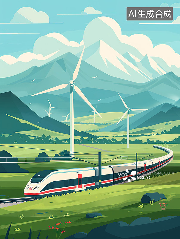 【AI数字艺术】行驶在山野间的高铁列车和风车——清洁能源和绿色发展概念图片素材