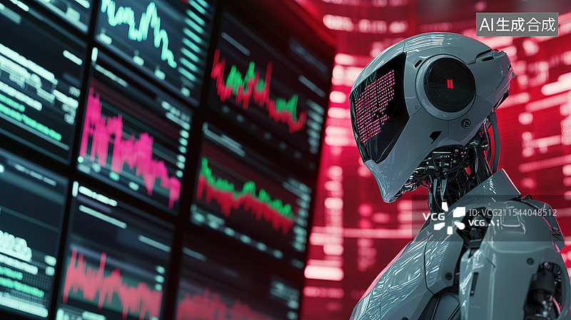 【AI数字艺术】机器人人工智能炒股量化交易机器人分析k线图场景图片素材