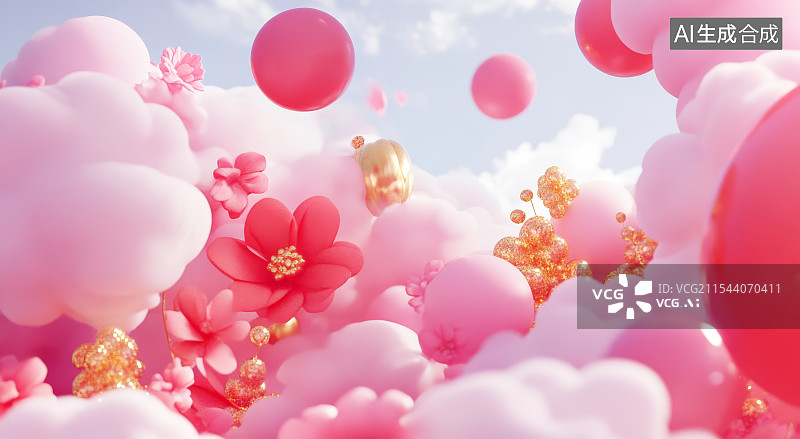 【AI数字艺术】天空有云朵和粉红色的花朵图片素材