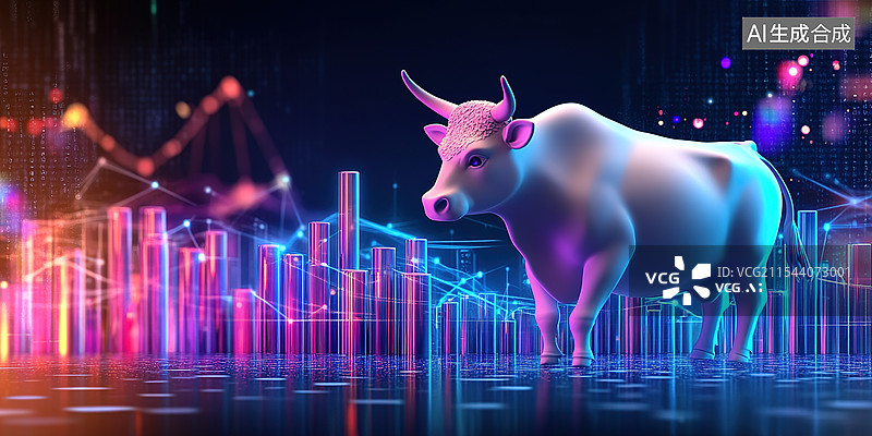 【AI数字艺术】牛市势头3D粘土赛博朋克风格公牛冲破全息显示屏带上升图表霓虹光未来主义元宇宙十二生肖牛年股市预测投资图片素材