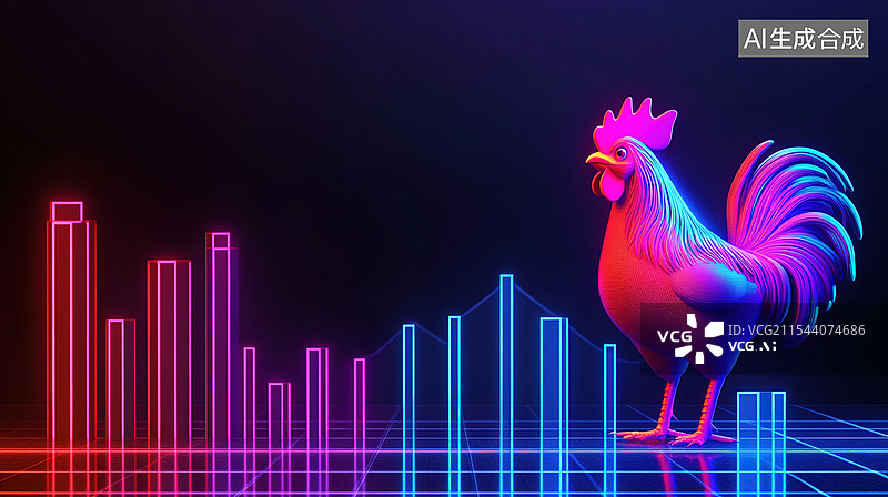 【AI数字艺术】动态3D粘土公鸡冲出全息显示屏带上升图表和霓虹光鸡年金融投资预测海报图片素材