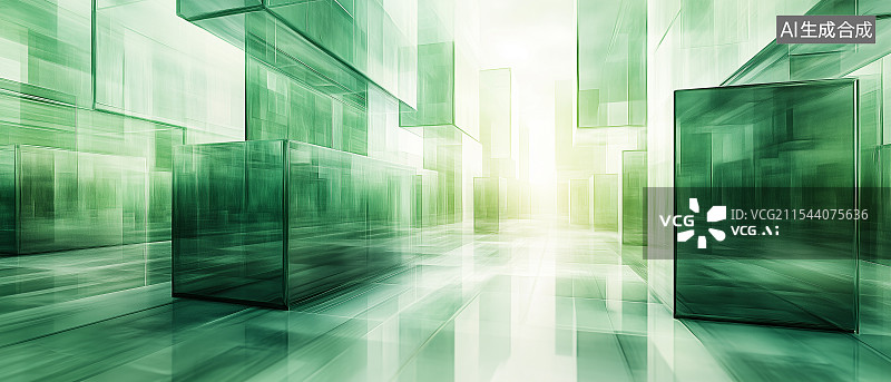 【AI数字艺术】充满科技感的绿色透明长方体方块构成的抽象空间，方块层叠交错图片素材