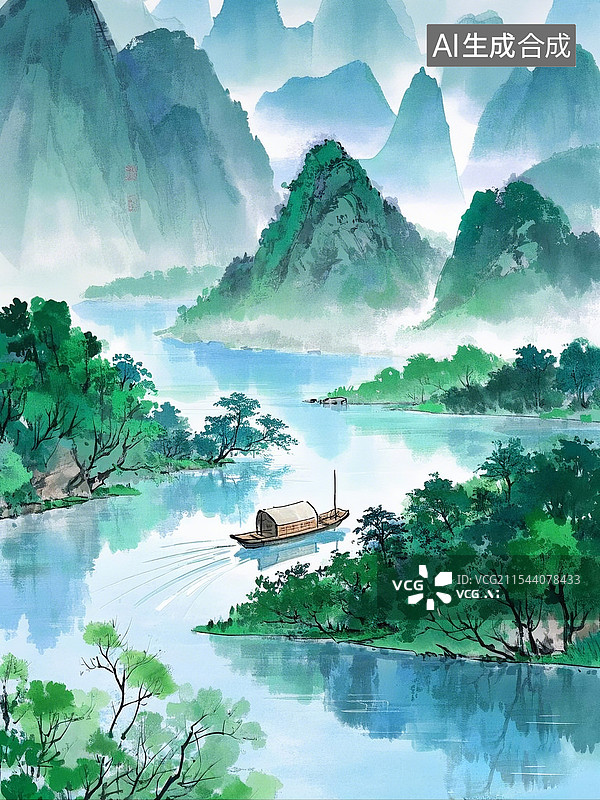 【AI数字艺术】轻舟已过万重山图片素材