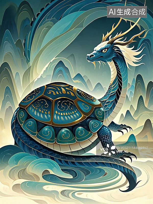 【AI数字艺术】中国古代神兽山海经插画，北方玄武图片素材
