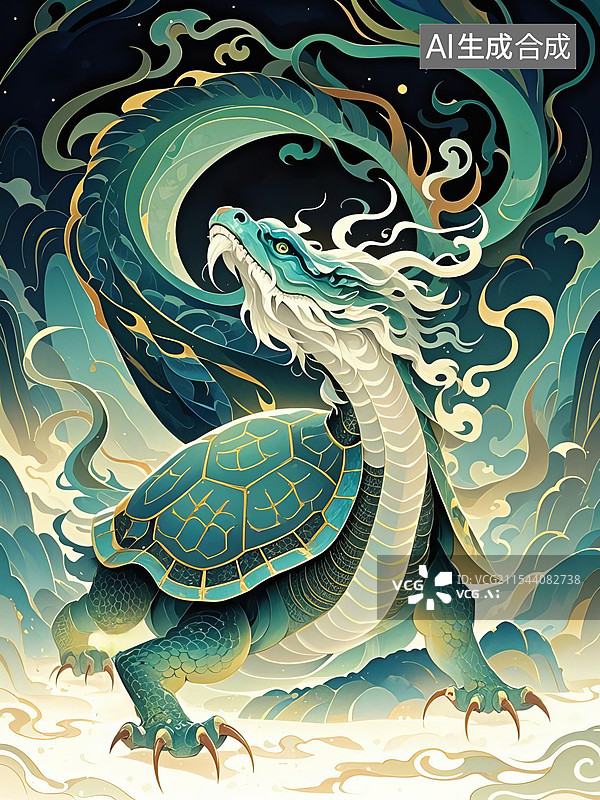 【AI数字艺术】中国古代神兽山海经插画，北方玄武图片素材