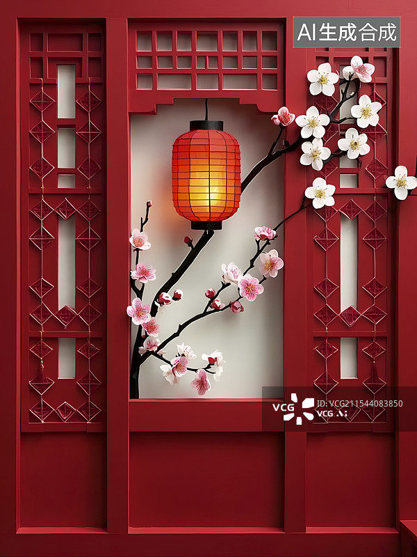 【AI数字艺术】传统节日窗户前的红灯笼梅花国潮风背景图片素材