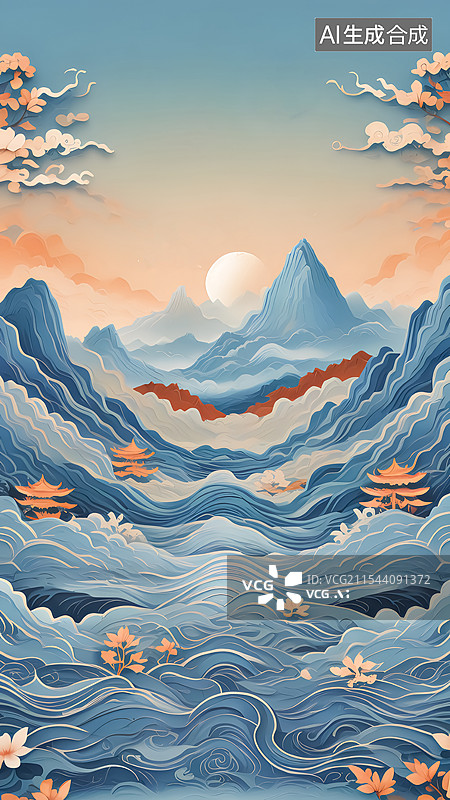【AI数字艺术】蓝色山水风景插画图片素材