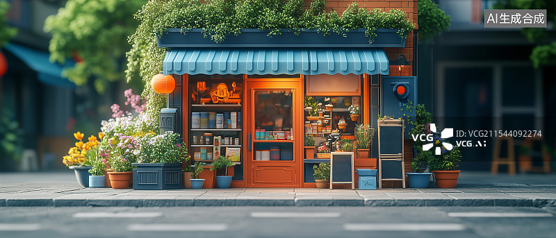 【AI数字艺术】中式写实风格店铺，蓝橙配色，门前花卉环绕，门窗内货架陈列商品，悬挂灯笼，氛围喜庆温馨图片素材