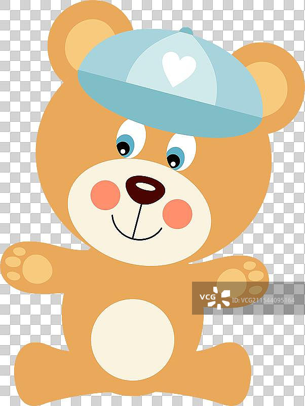 戴着蓝色帽子的男婴与泰迪熊坐在一起图片素材