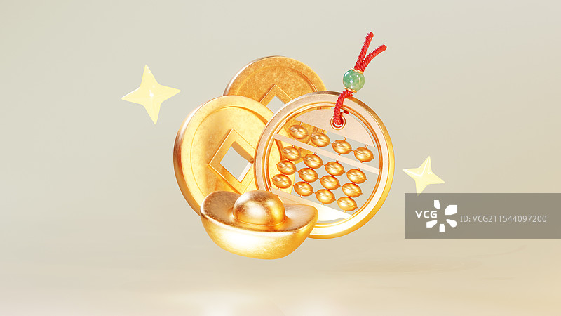 3D立体金色背景金算盘金元宝和金币图片素材