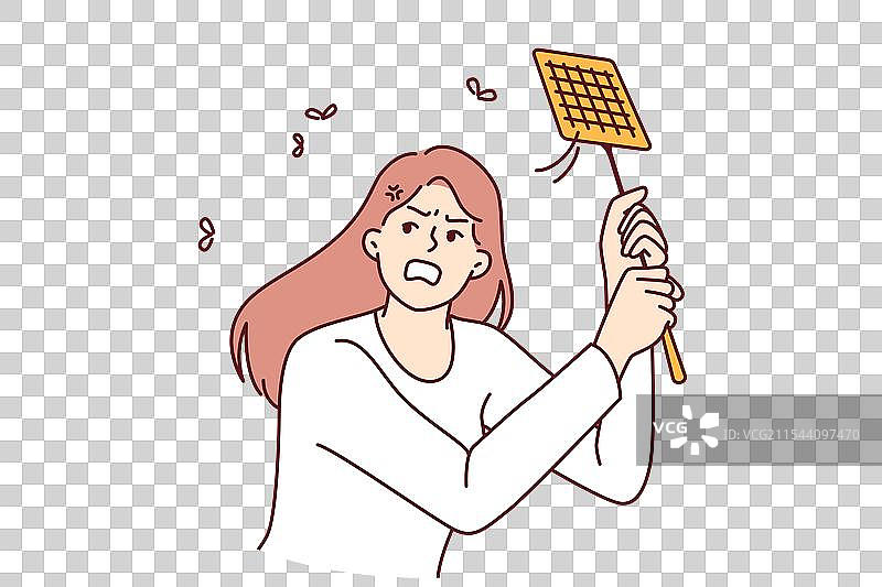 愤怒的女人用拍子打死蚊子图片素材