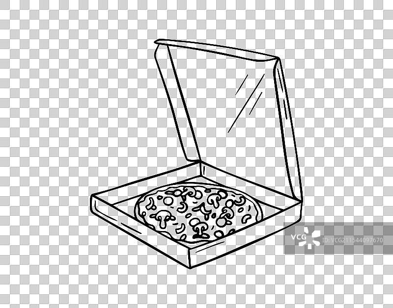 手绘涂鸦披萨盒子草图，打开的披萨图片素材