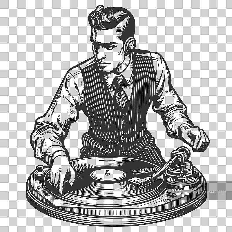 DJ 在转动黑胶唱片的雕刻图片素材